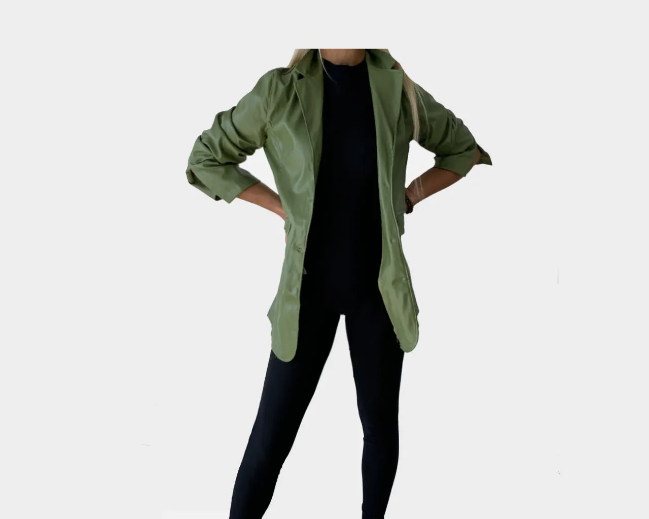 4. Runway Green Vegan Leather Boyfriend Jacket - The Milano