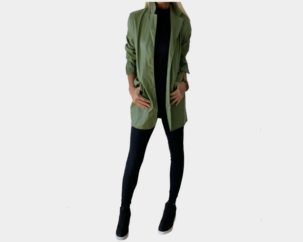 4. Runway Green Vegan Leather Boyfriend Jacket - The Milano