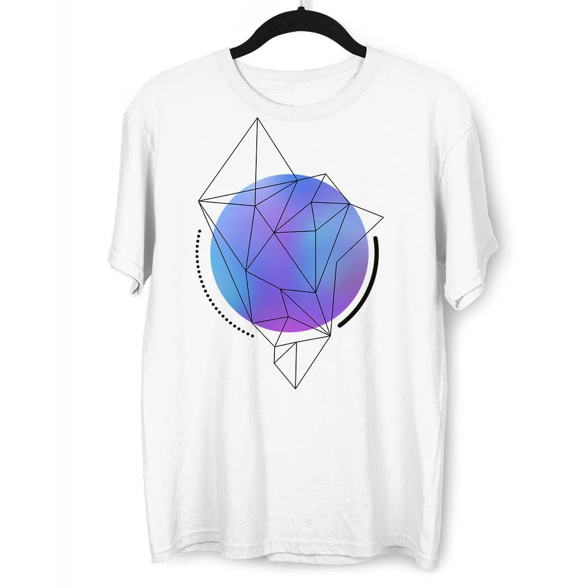 Abstract Blue Gradient Sphere T-Shirt with Geometric Polygon Line Art on Black