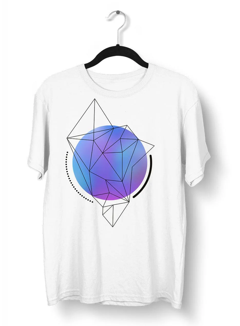 Abstract Blue Gradient Sphere T-Shirt with Geometric Polygon Line Art on Black