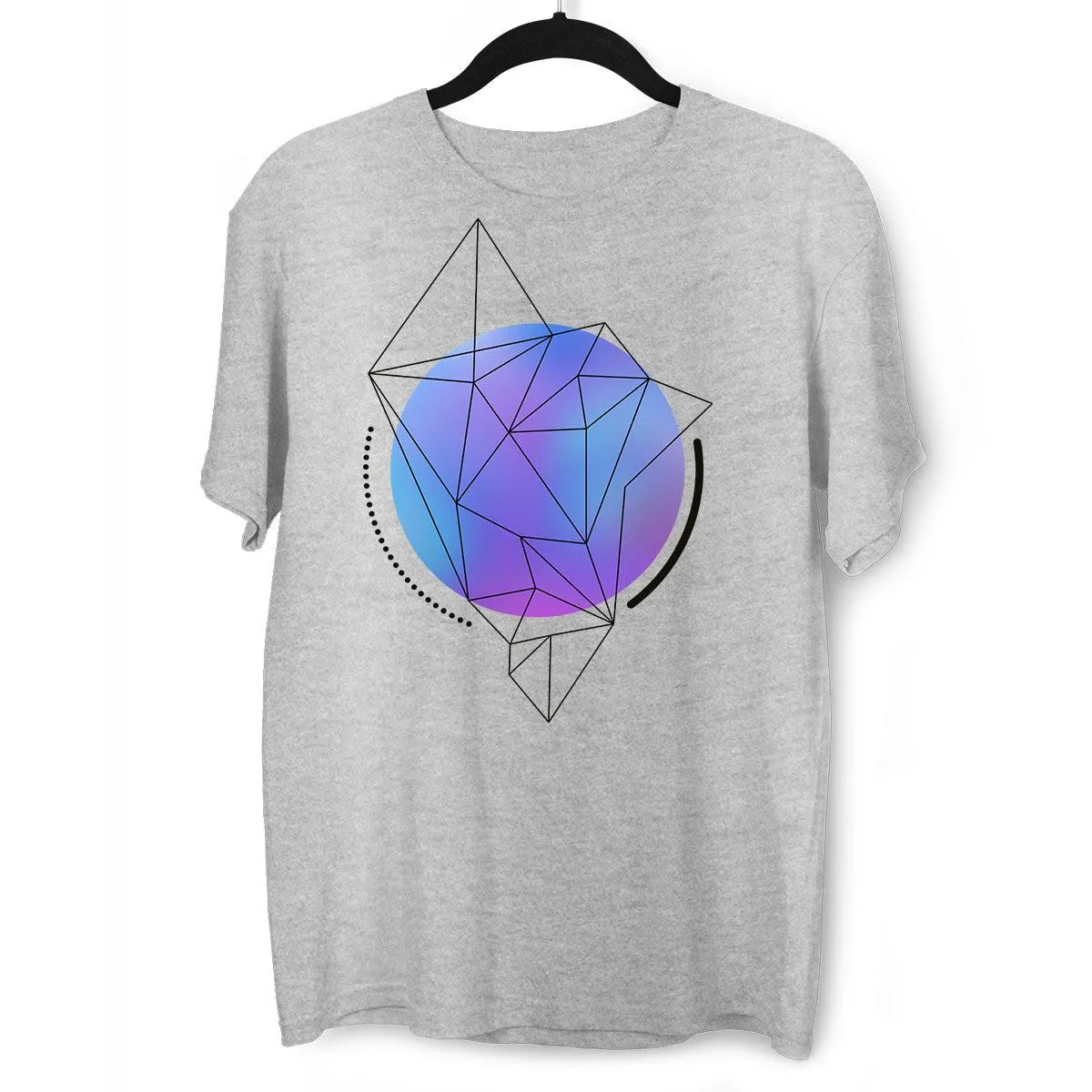 Abstract Blue Gradient Sphere T-Shirt with Geometric Polygon Line Art on Black