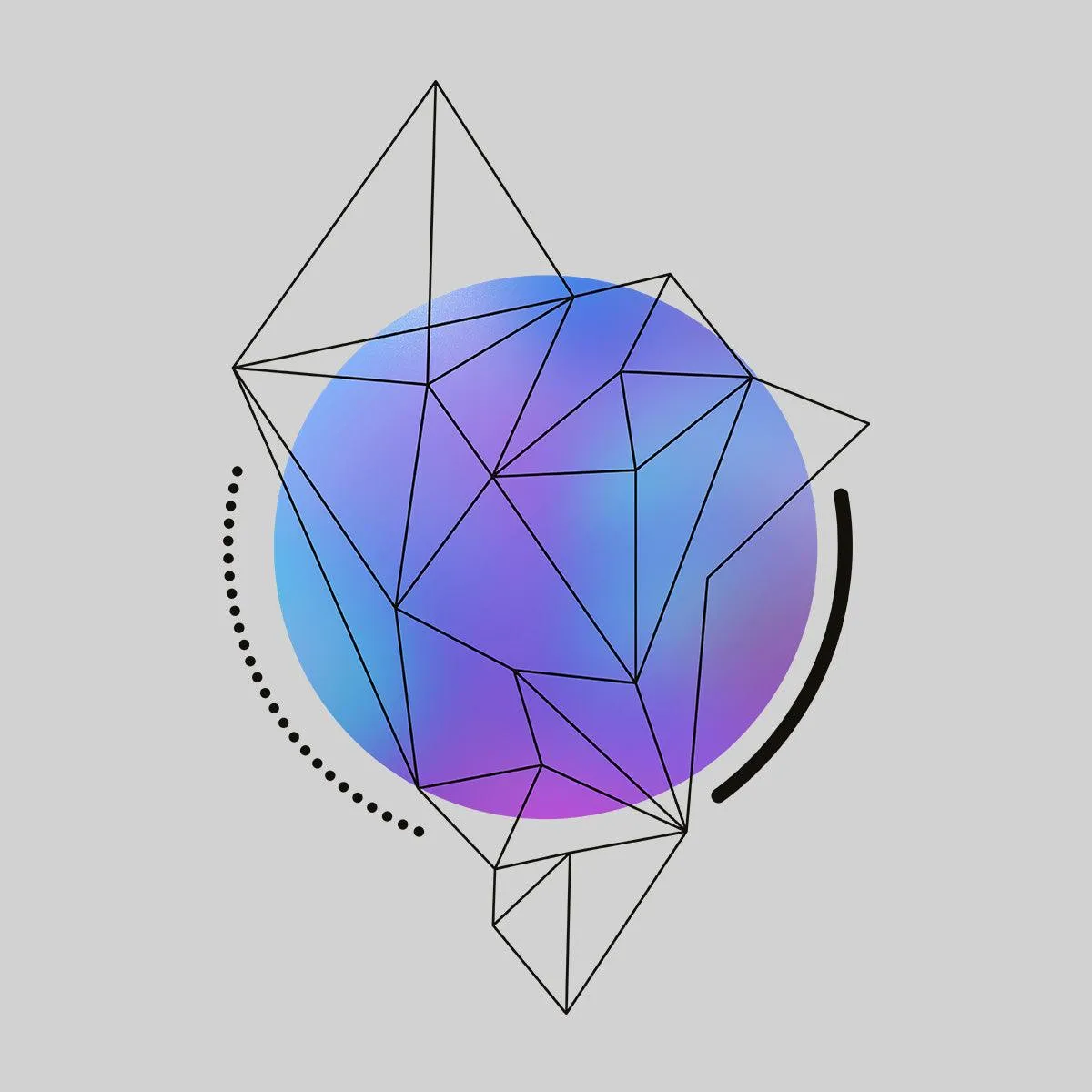 Abstract Blue Gradient Sphere T-Shirt with Geometric Polygon Line Art on Black