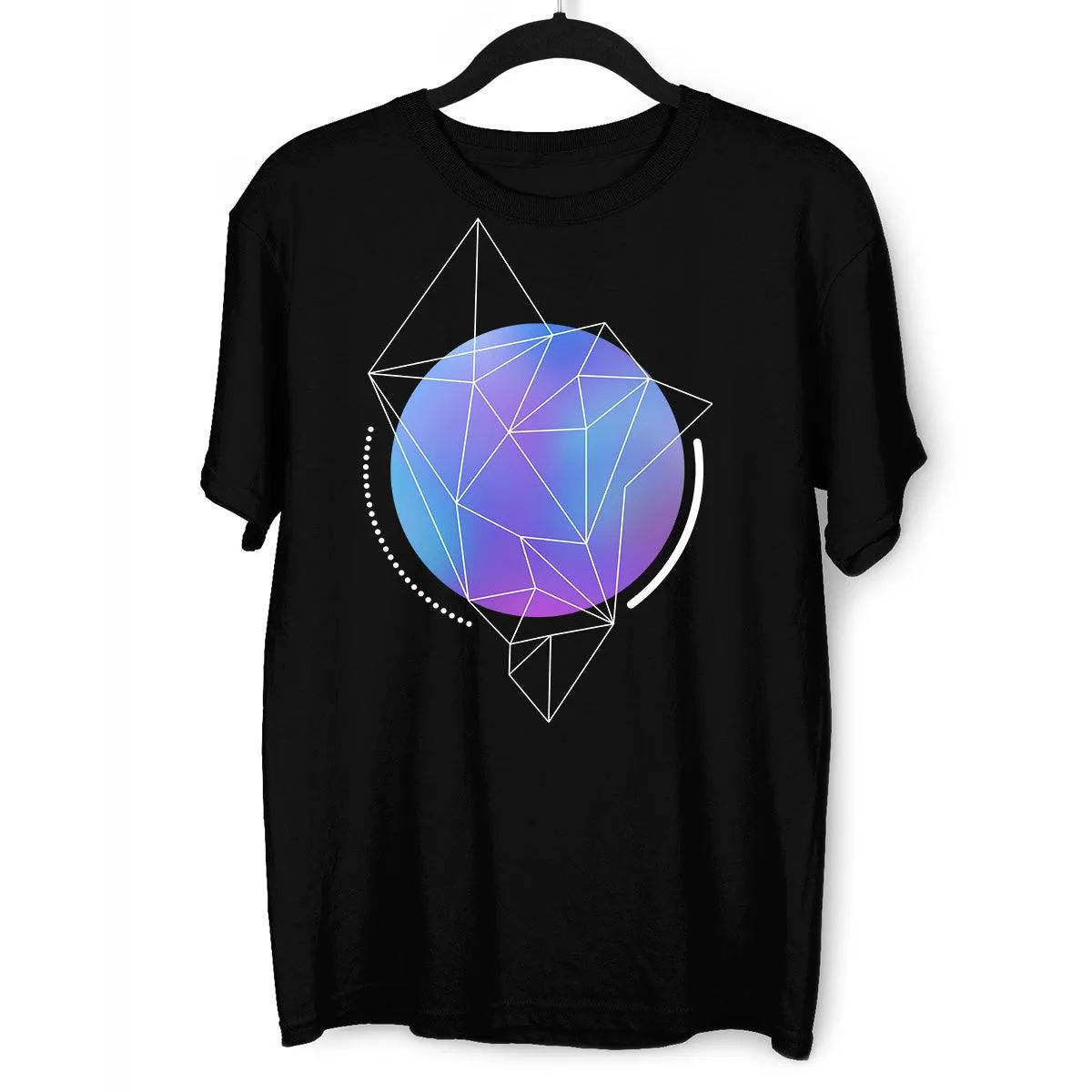 Abstract Blue Gradient Sphere T-Shirt with Geometric Polygon Line Art on Black