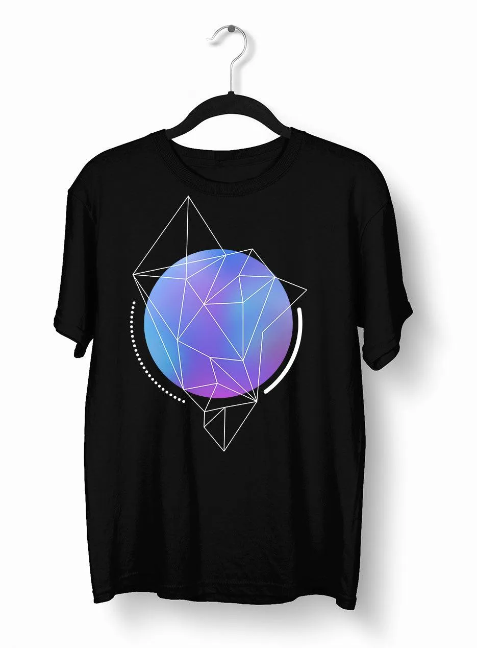 Abstract Blue Gradient Sphere T-Shirt with Geometric Polygon Line Art on Black