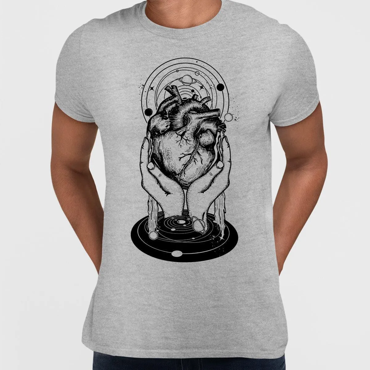 Abstract Cosmic Heart T-Shirt Surreal Hands Holding Universe Design Black & White Graphic Tee