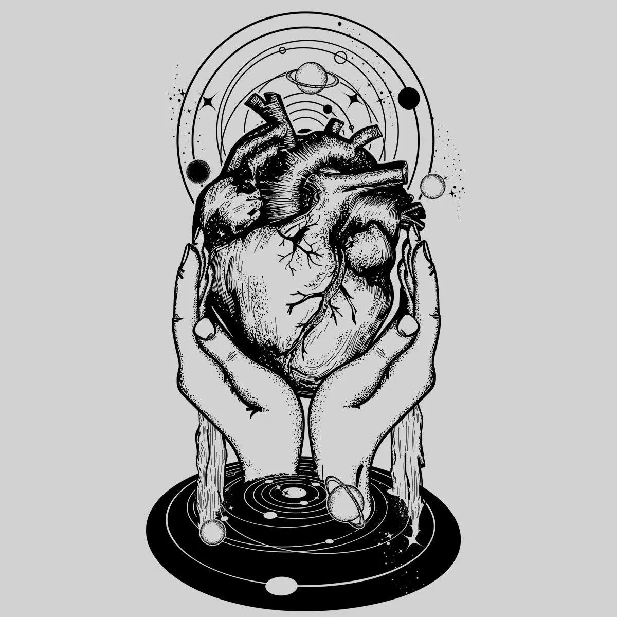 Abstract Cosmic Heart T-Shirt Surreal Hands Holding Universe Design Black & White Graphic Tee