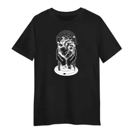 Abstract Cosmic Heart T-Shirt Surreal Hands Holding Universe Design Black & White Graphic Tee