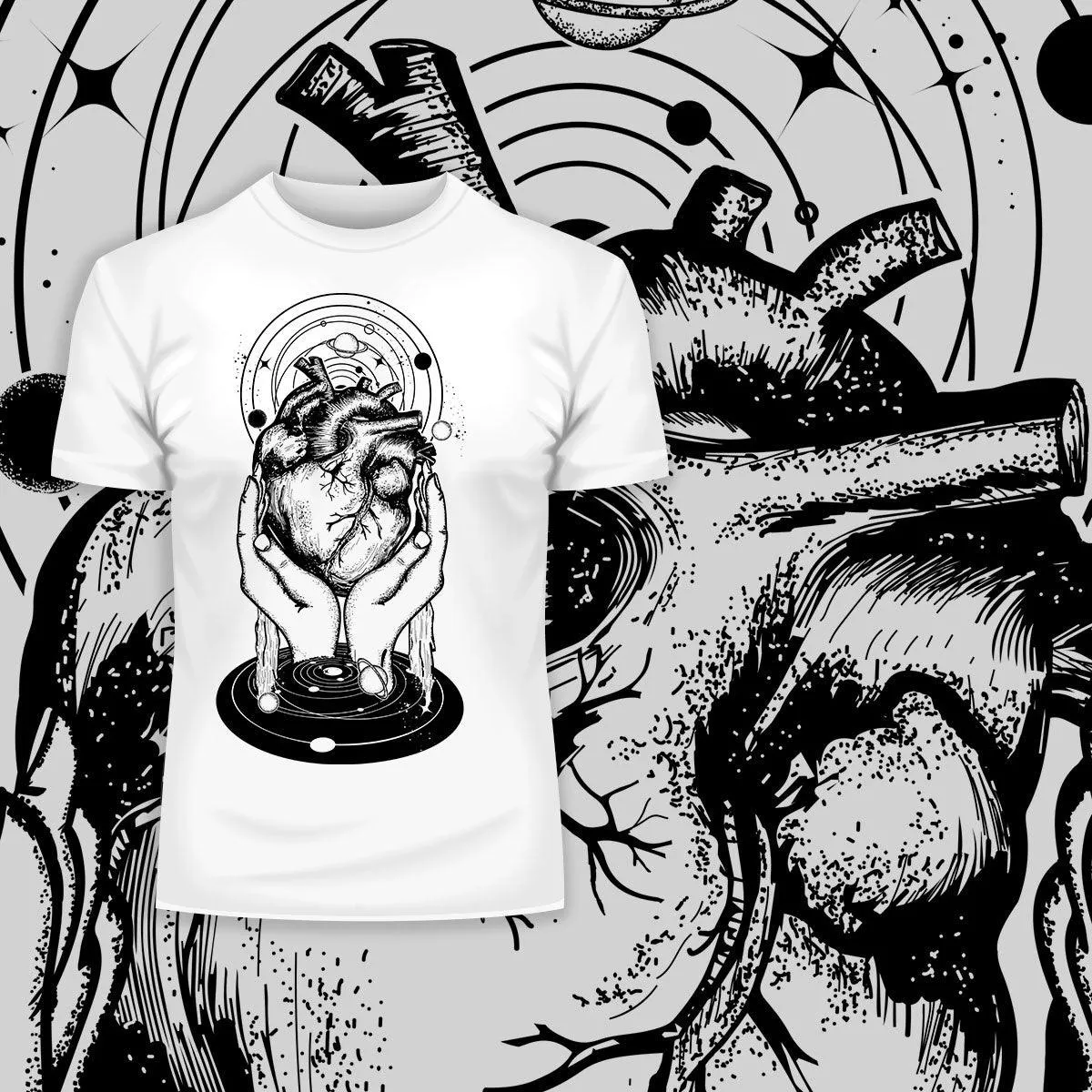 Abstract Cosmic Heart T-Shirt Surreal Hands Holding Universe Design Black & White Graphic Tee