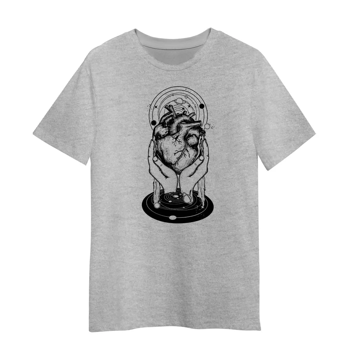 Abstract Cosmic Heart T-Shirt Surreal Hands Holding Universe Design Black & White Graphic Tee