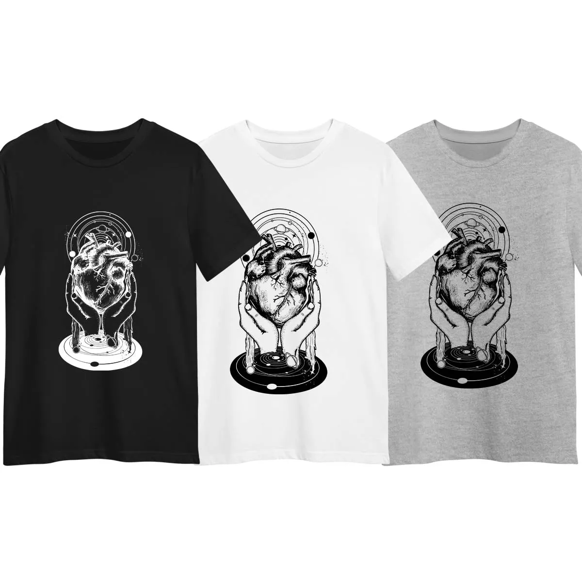 Abstract Cosmic Heart T-Shirt Surreal Hands Holding Universe Design Black & White Graphic Tee