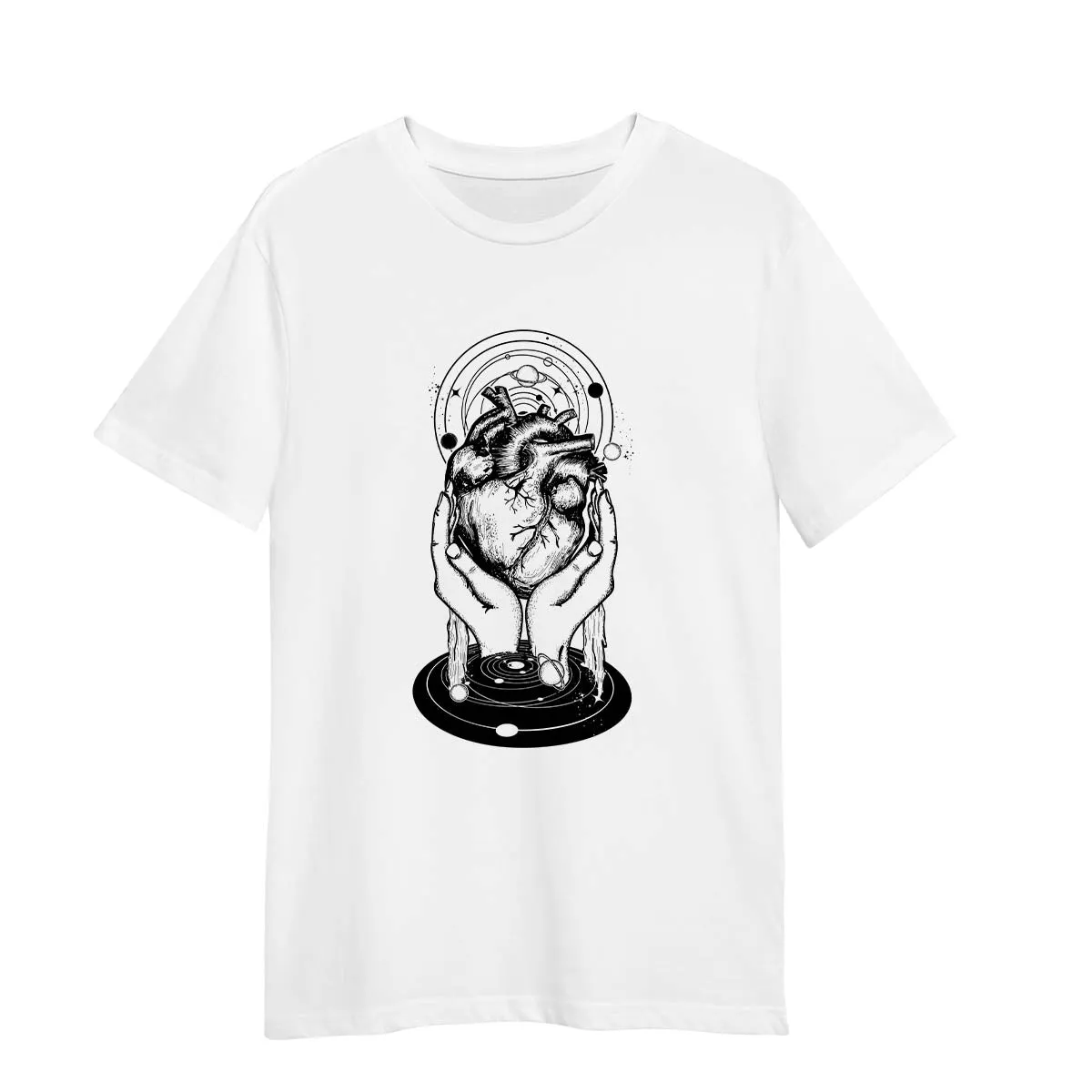 Abstract Cosmic Heart T-Shirt Surreal Hands Holding Universe Design Black & White Graphic Tee
