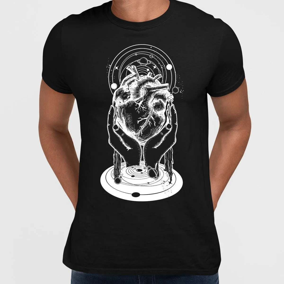 Abstract Cosmic Heart T-Shirt Surreal Hands Holding Universe Design Black & White Graphic Tee