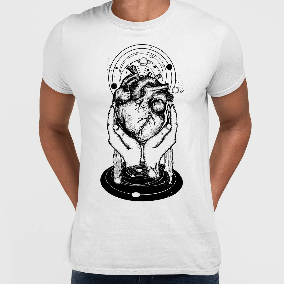 Abstract Cosmic Heart T-Shirt Surreal Hands Holding Universe Design Black & White Graphic Tee