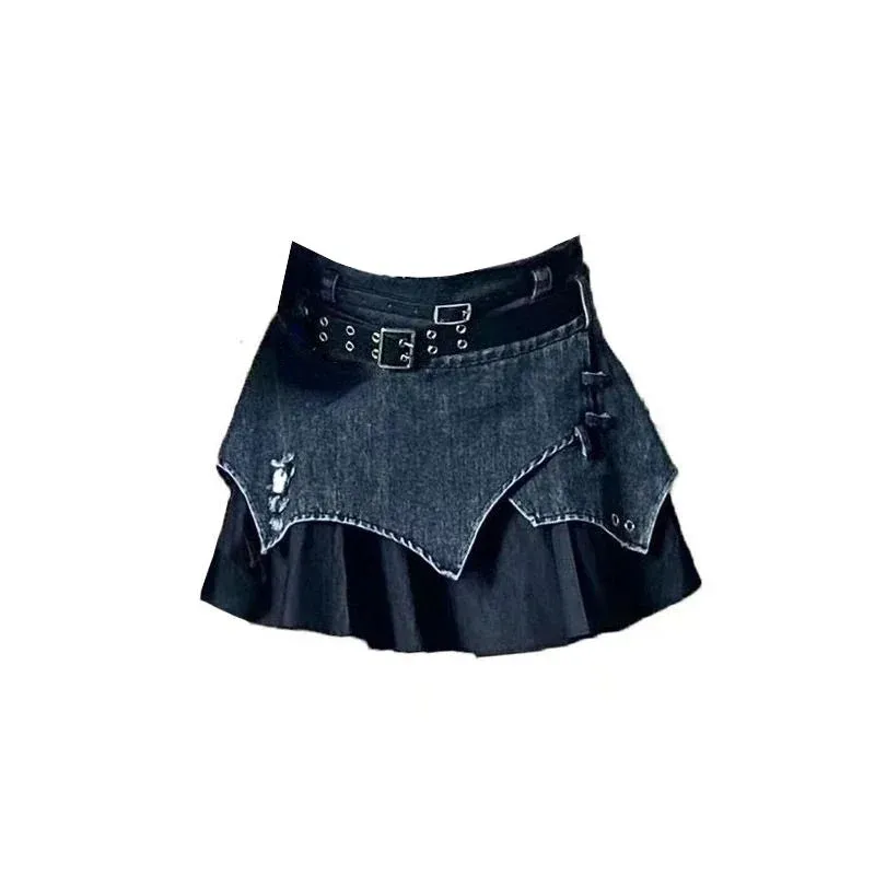 Aiertu Japanese Style Lolita Denim Skirt Gothic Women Harajuku Y2k Patchwork High Waist Mini Skirts Punk E Girl Irregular Sexy Skirts