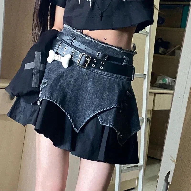 Aiertu Japanese Style Lolita Denim Skirt Gothic Women Harajuku Y2k Patchwork High Waist Mini Skirts Punk E Girl Irregular Sexy Skirts