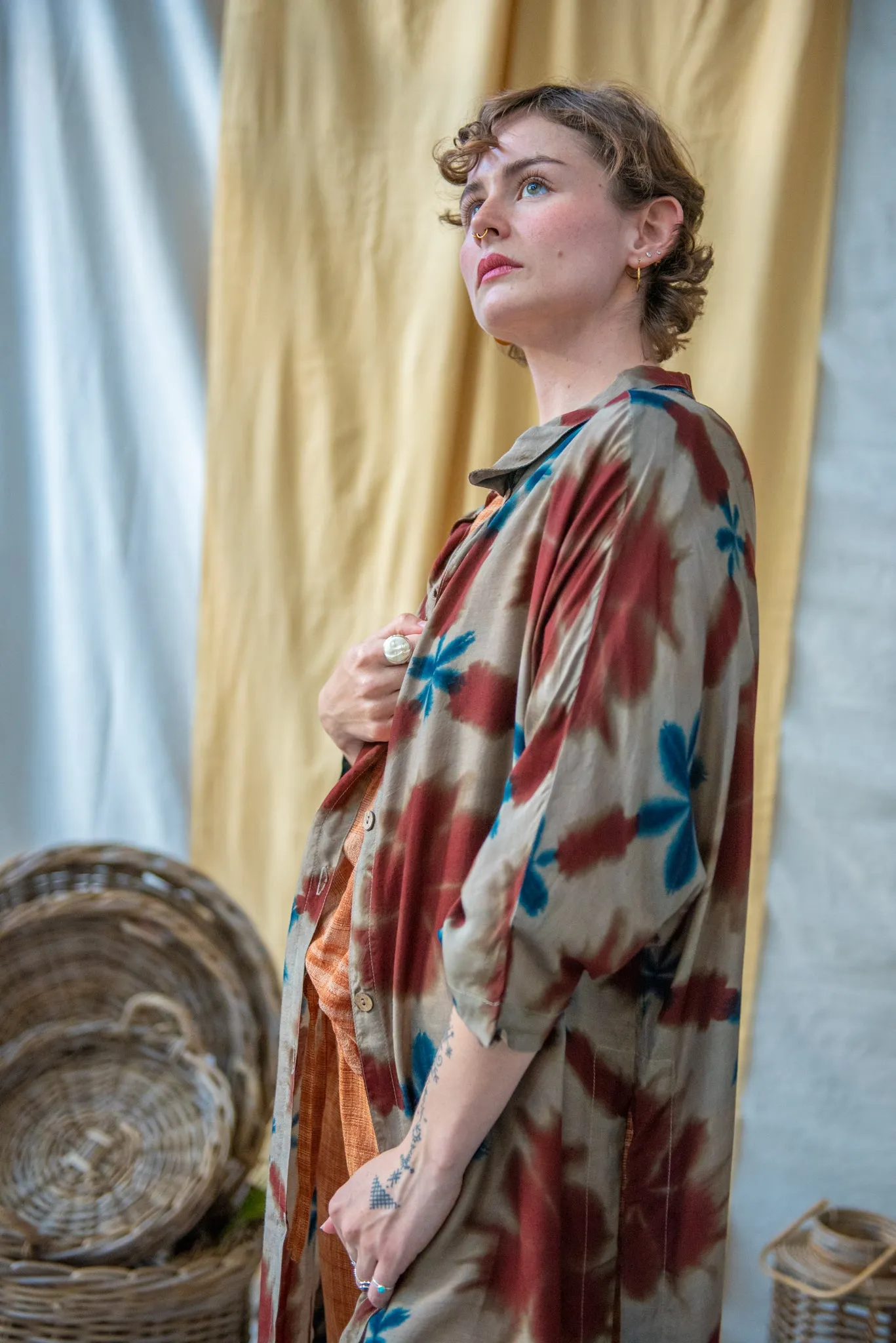 Ajrakh Clamp Dyed Modal Silk Oversized Shirt Teal and rust Flower on Sage