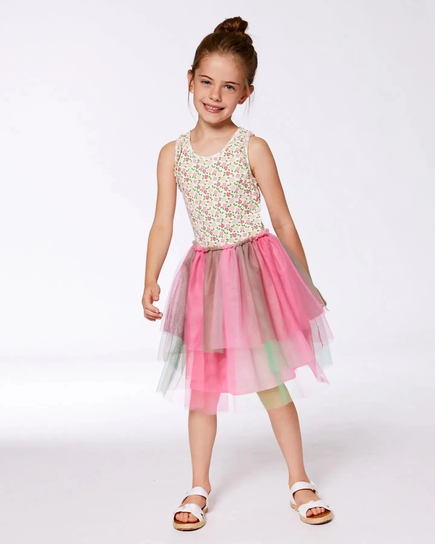 Bi-Material Cotton And Mesh Dress Small Flowers And Multicolored Gradient Skirt