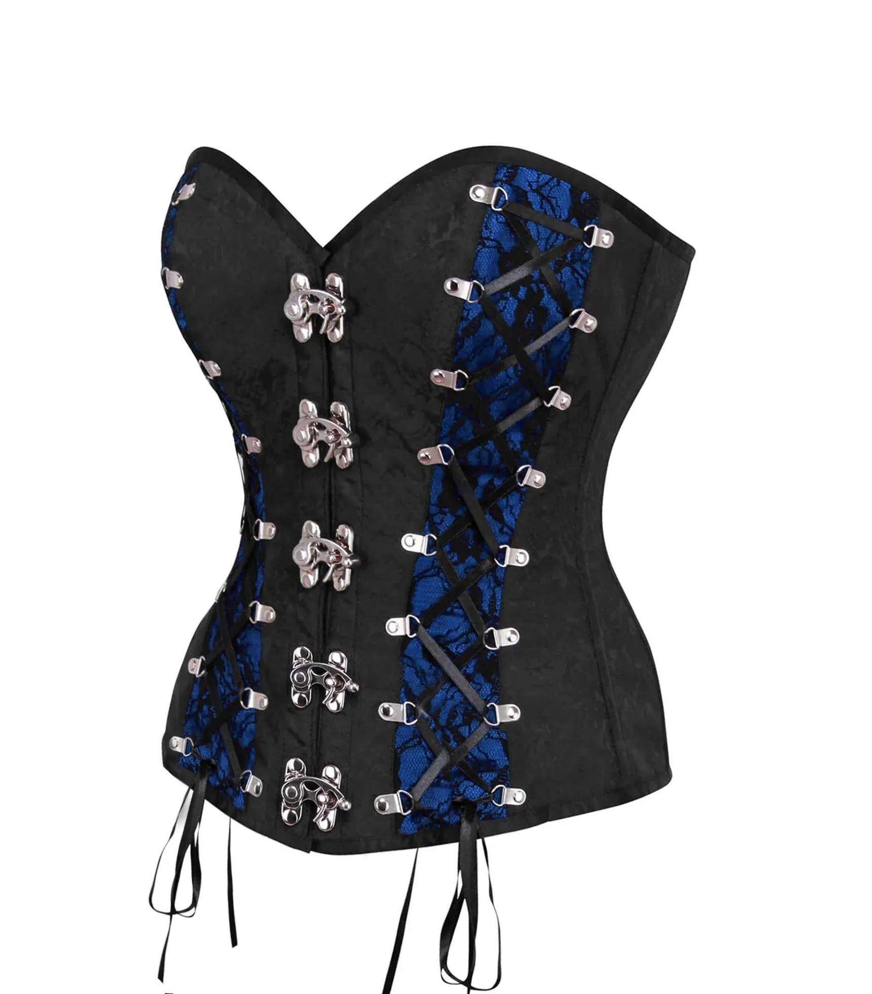 Black Brocade & Blue Satin Overbust Corset with Metal Hooks
