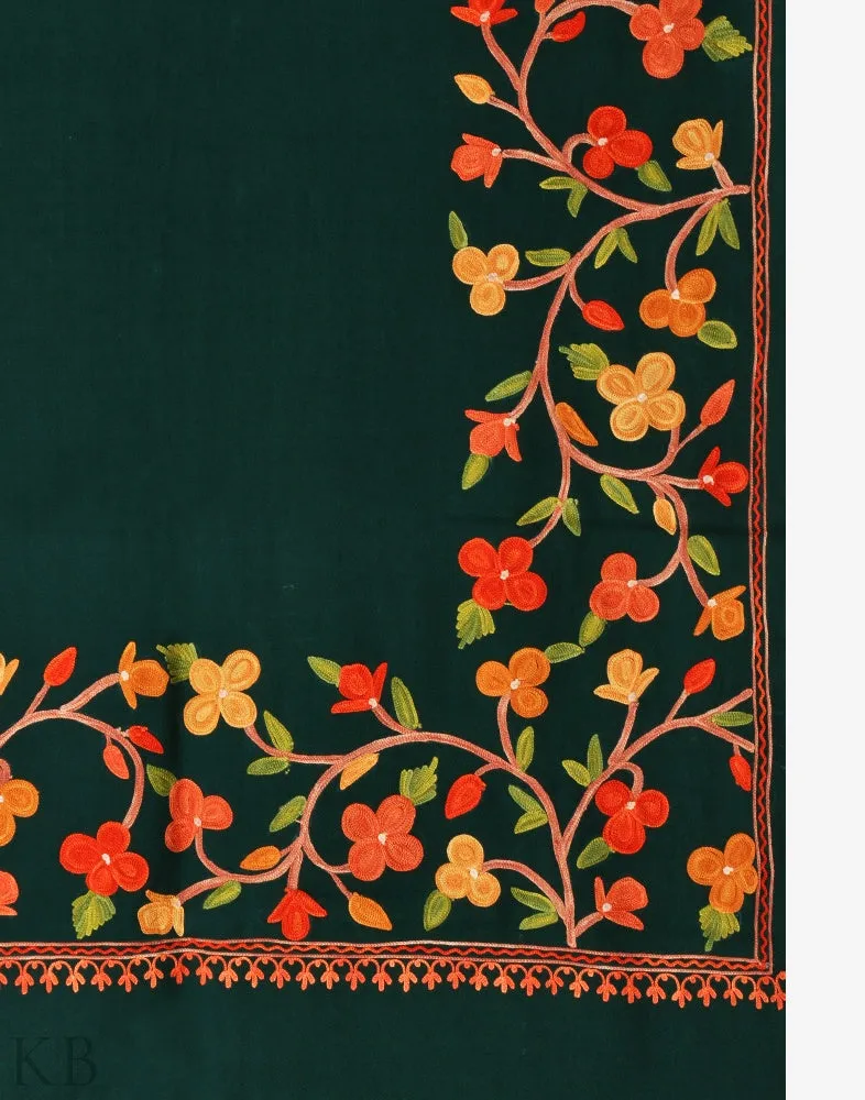 Bottle Green Aari Embroidered Cashmilon Shawl
