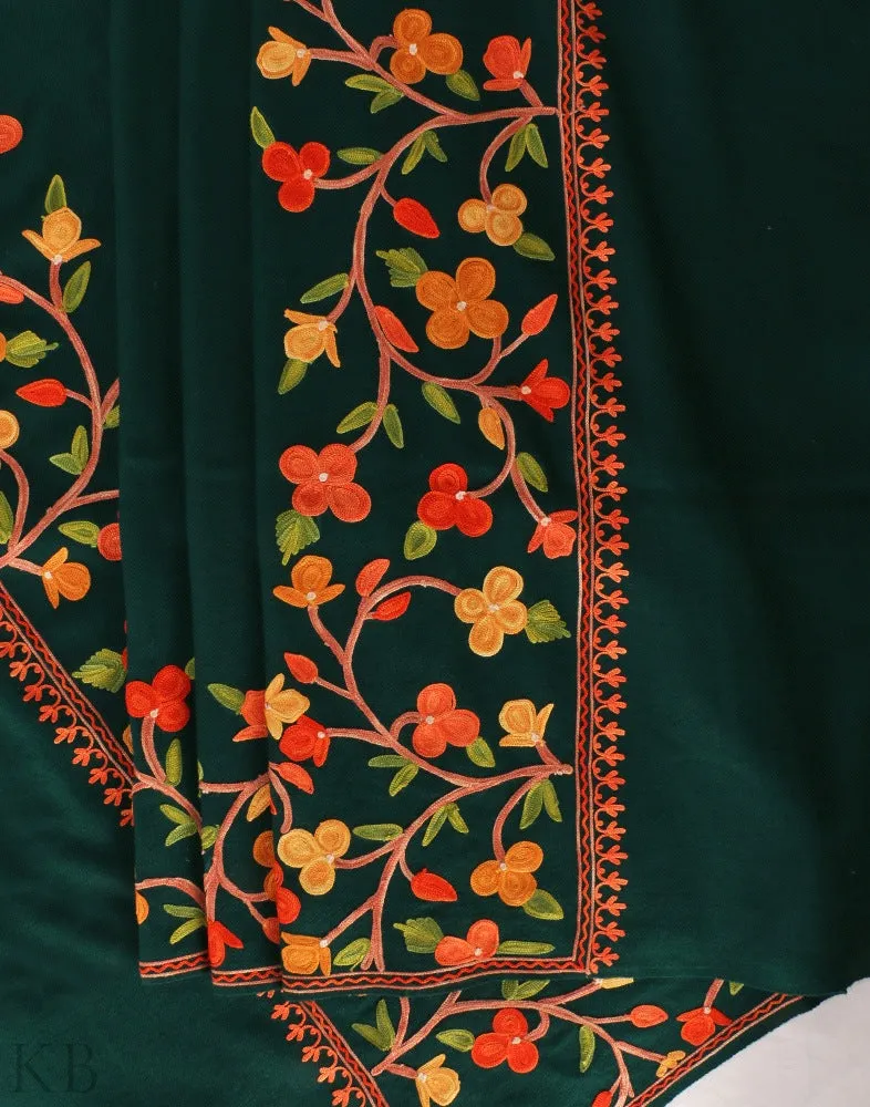 Bottle Green Aari Embroidered Cashmilon Shawl
