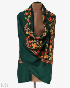 Bottle Green Aari Embroidered Cashmilon Shawl