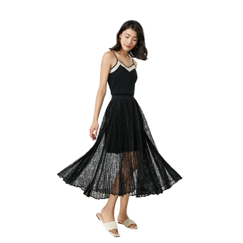 C163 Women floral lace elasticated waist full circle sunburst pleated midi skirt