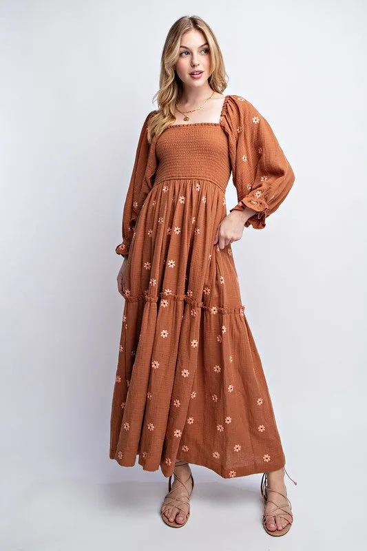 Caramel Gauze Embroidery Smocking Tiered Gradient Dress