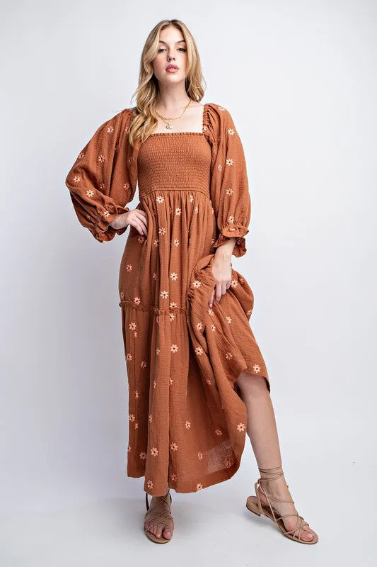 Caramel Gauze Embroidery Smocking Tiered Gradient Dress