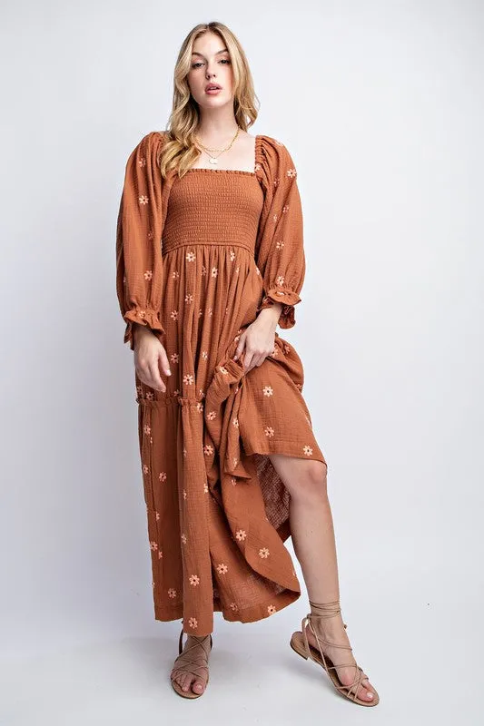 Caramel Gauze Embroidery Smocking Tiered Gradient Dress