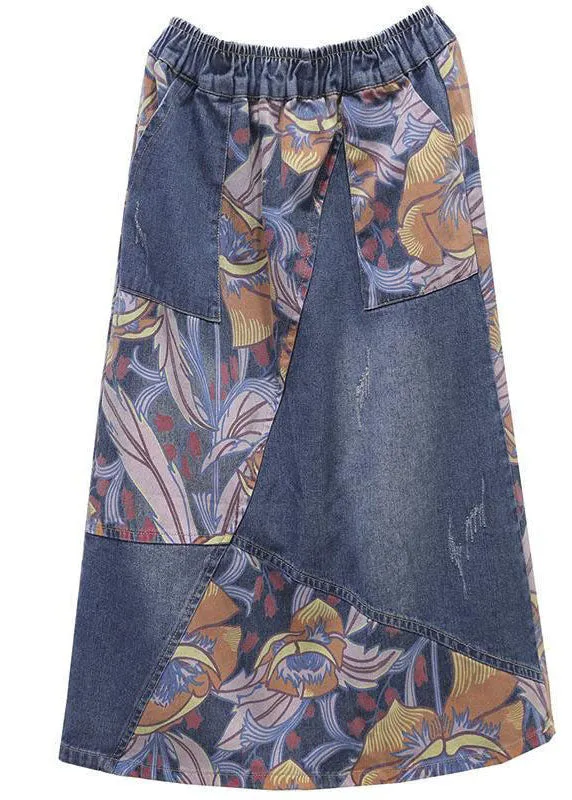 Casual Blue Pockets Print Patchwork Elastic Waist Denim Skirt Spring LY4628