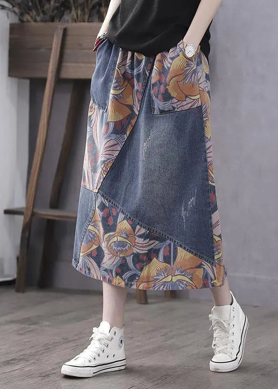 Casual Blue Pockets Print Patchwork Elastic Waist Denim Skirt Spring LY4628