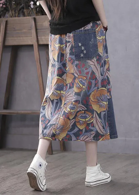 Casual Blue Pockets Print Patchwork Elastic Waist Denim Skirt Spring LY4628