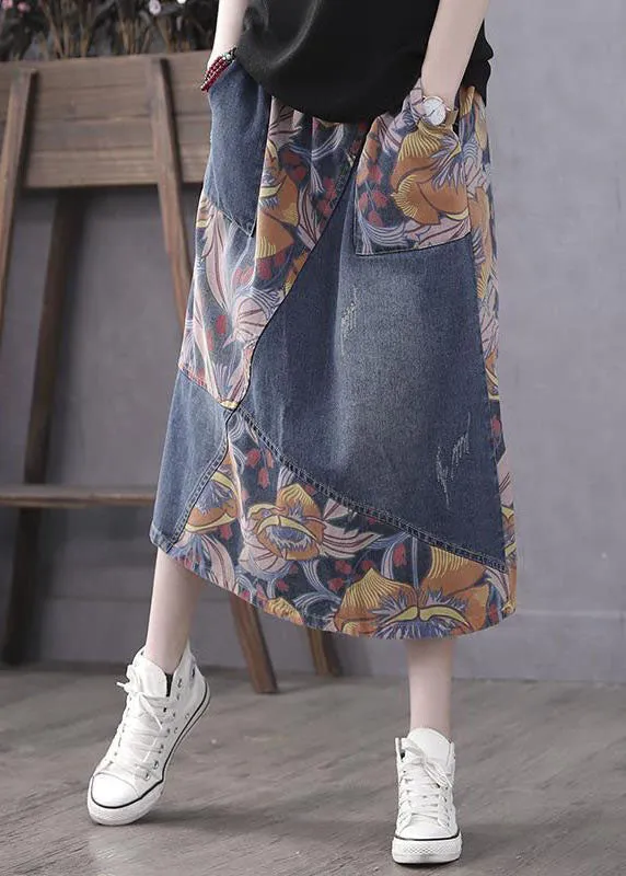Casual Blue Pockets Print Patchwork Elastic Waist Denim Skirt Spring LY4628