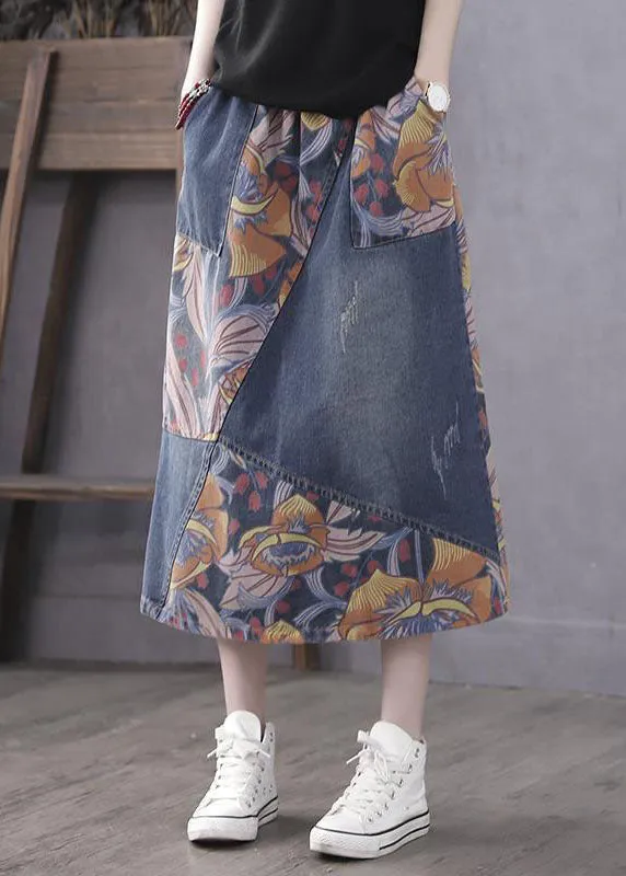 Casual Blue Pockets Print Patchwork Elastic Waist Denim Skirt Spring LY4628