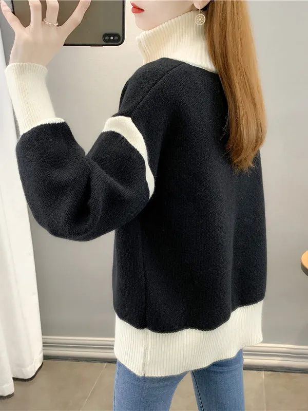 Casual Long Sleeves Contrast Color Zipper Stand Collar Cardigan Tops