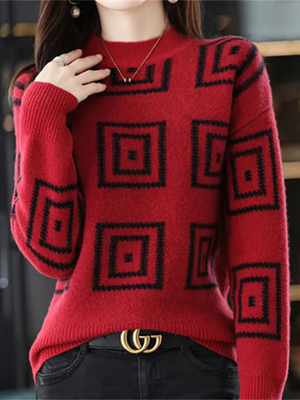 Casual Long Sleeves Loose Contrast Color Plaid Stand Collar Sweater Tops