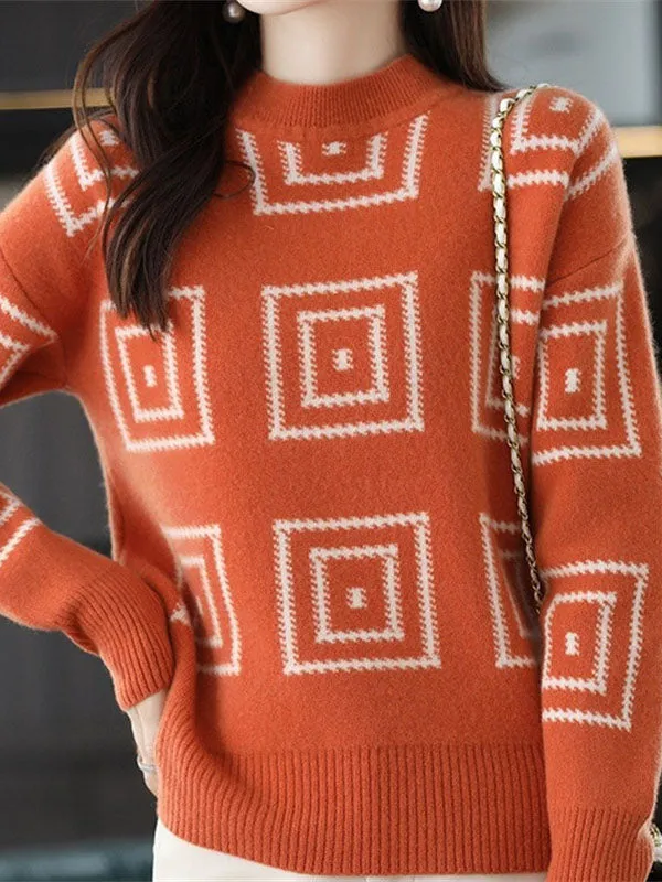 Casual Long Sleeves Loose Contrast Color Plaid Stand Collar Sweater Tops
