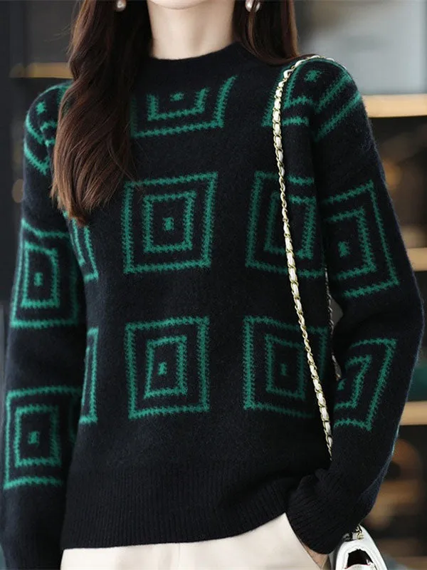 Casual Long Sleeves Loose Contrast Color Plaid Stand Collar Sweater Tops