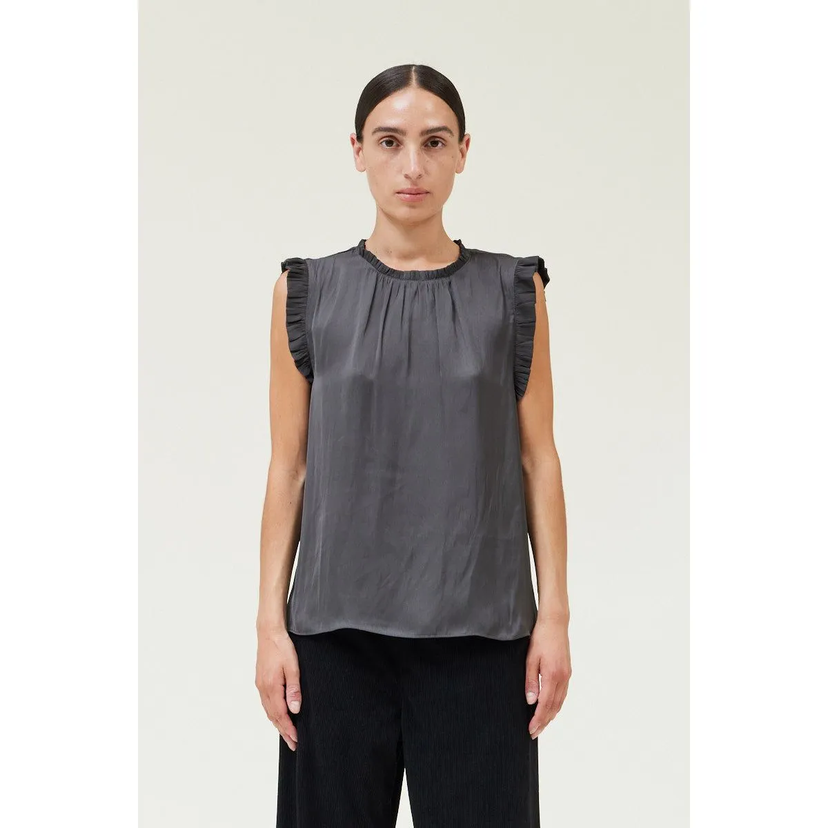 Crystal Bubble Ruffle Satin Grade and Gather Tank