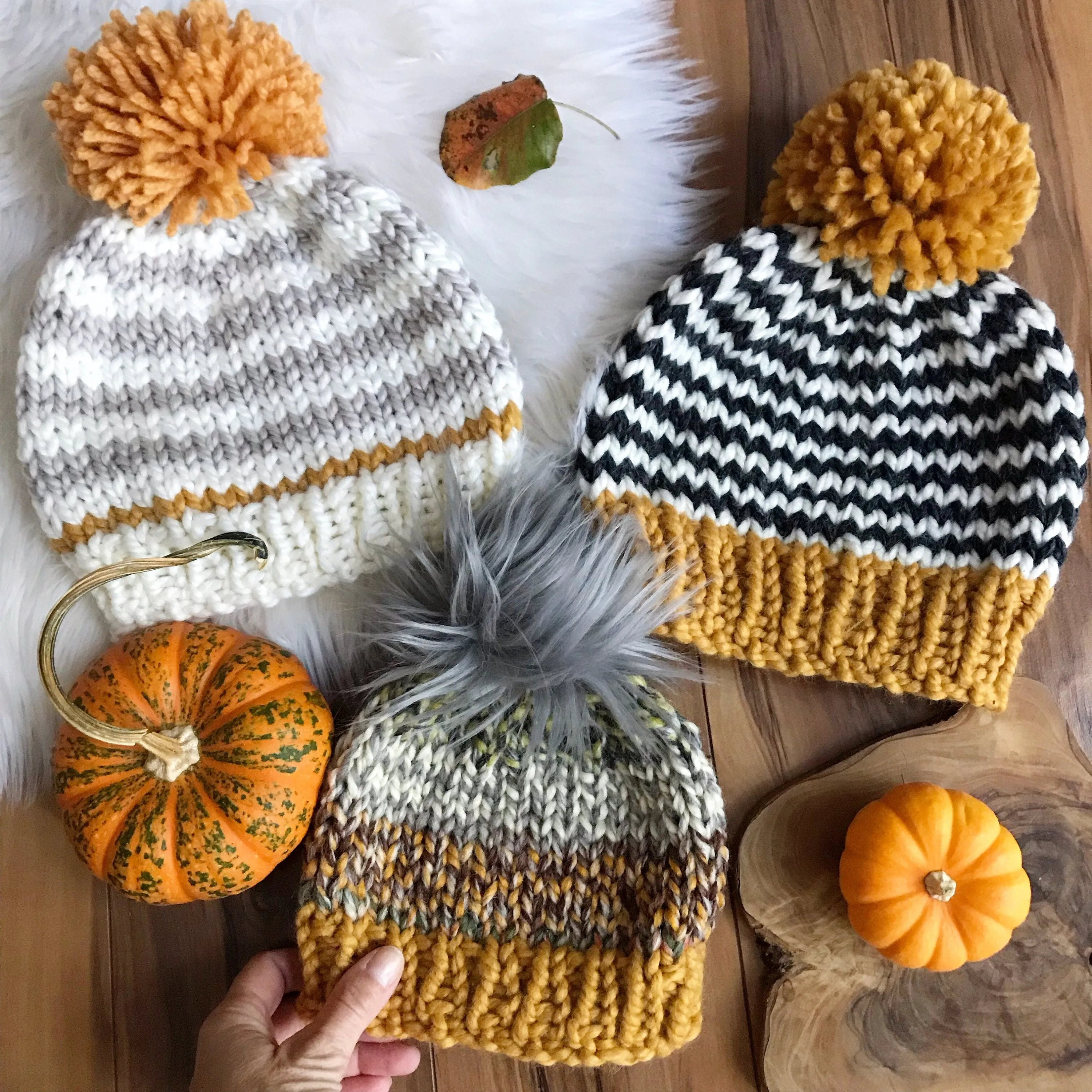DIY Knitting Pattern Thin Stripe Women's Striped Pom Pom Beanie Hat, Striped Cap, Luxury Toque, Warm women's cap