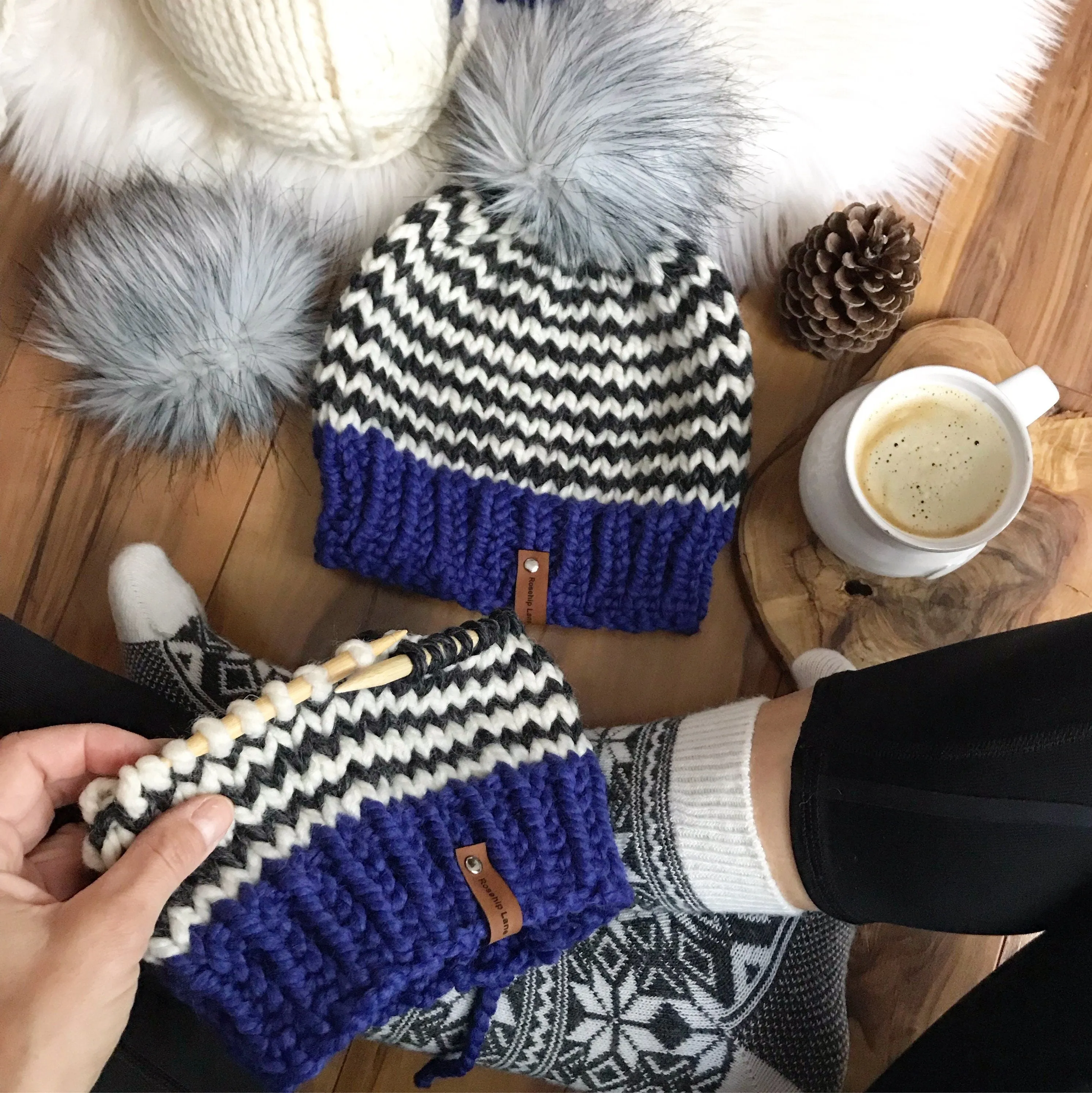DIY Knitting Pattern Thin Stripe Women's Striped Pom Pom Beanie Hat, Striped Cap, Luxury Toque, Warm women's cap