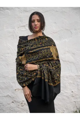 Exclusive, Fine Hand Embroidered Kashmiri Shawl - Black Paisley