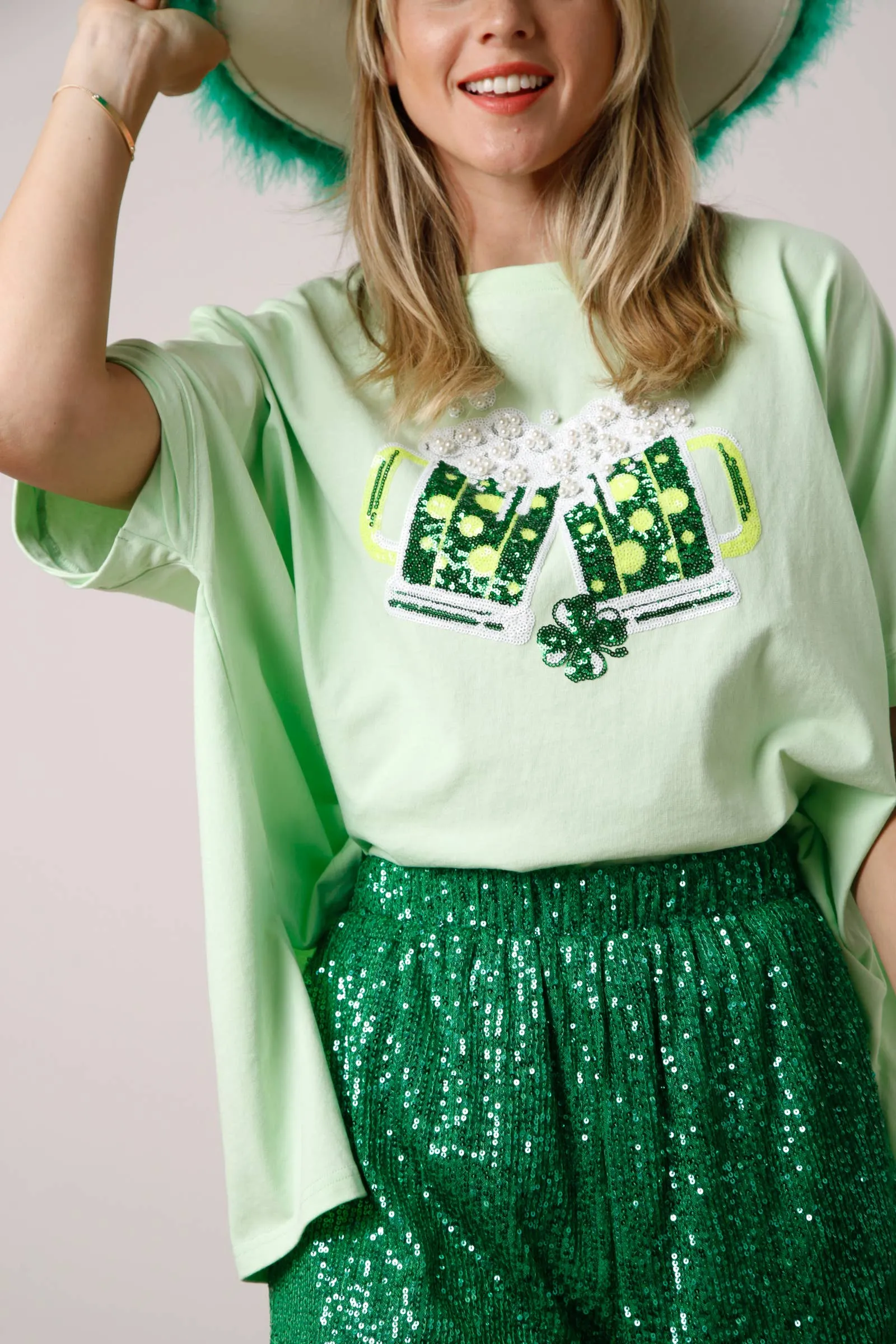 FAN St. Patricks Sequin Cheers Oversized Top