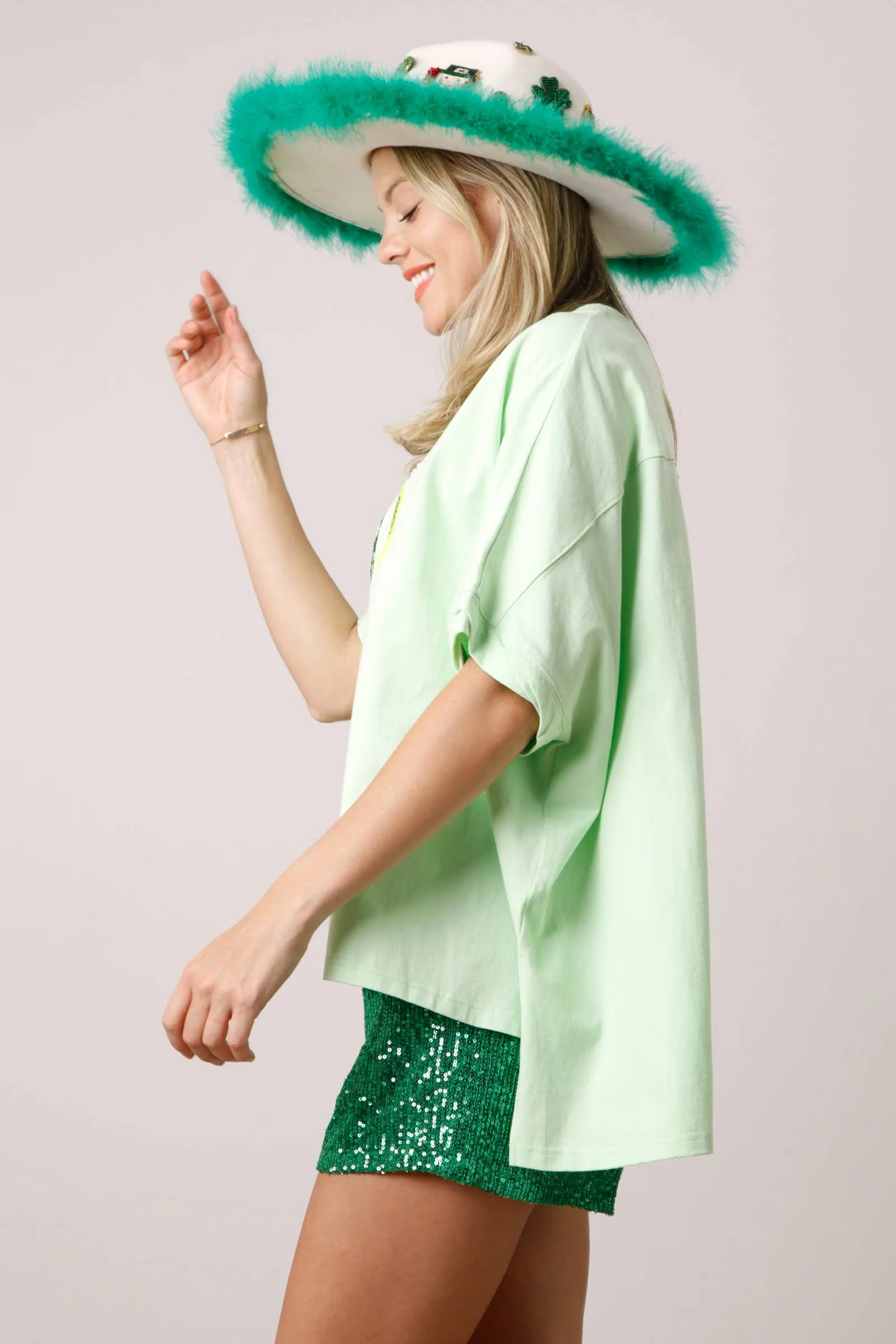 FAN St. Patricks Sequin Cheers Oversized Top