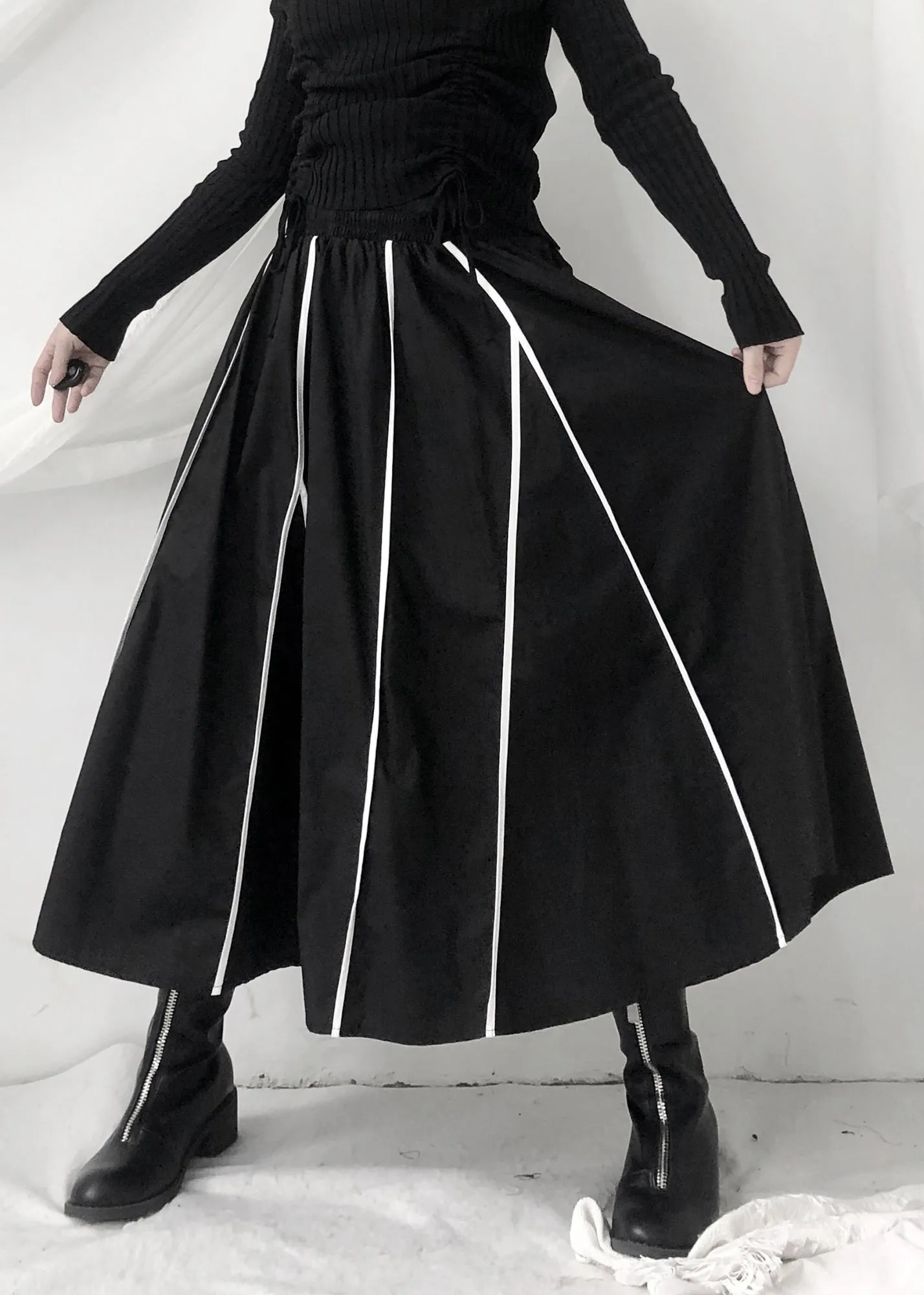 Fashion Black Striped Patchwork Pockets Elastic Waist Skirt Fall LY9364