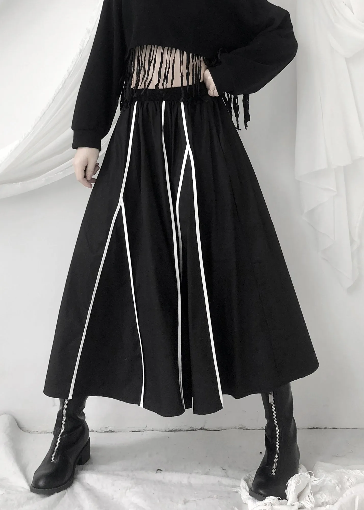 Fashion Black Striped Patchwork Pockets Elastic Waist Skirt Fall LY9364