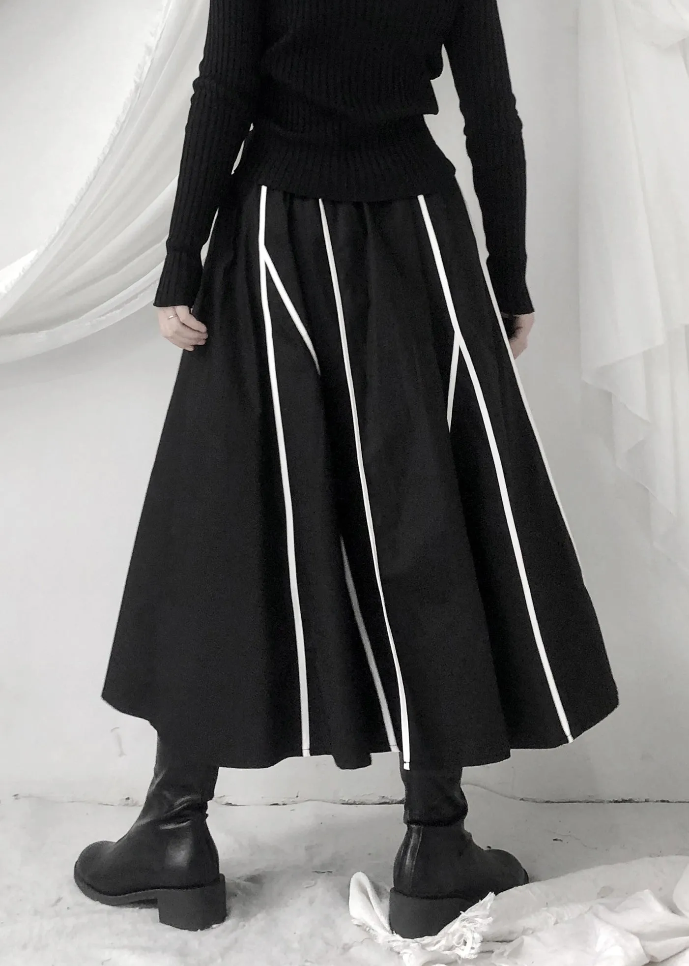 Fashion Black Striped Patchwork Pockets Elastic Waist Skirt Fall LY9364