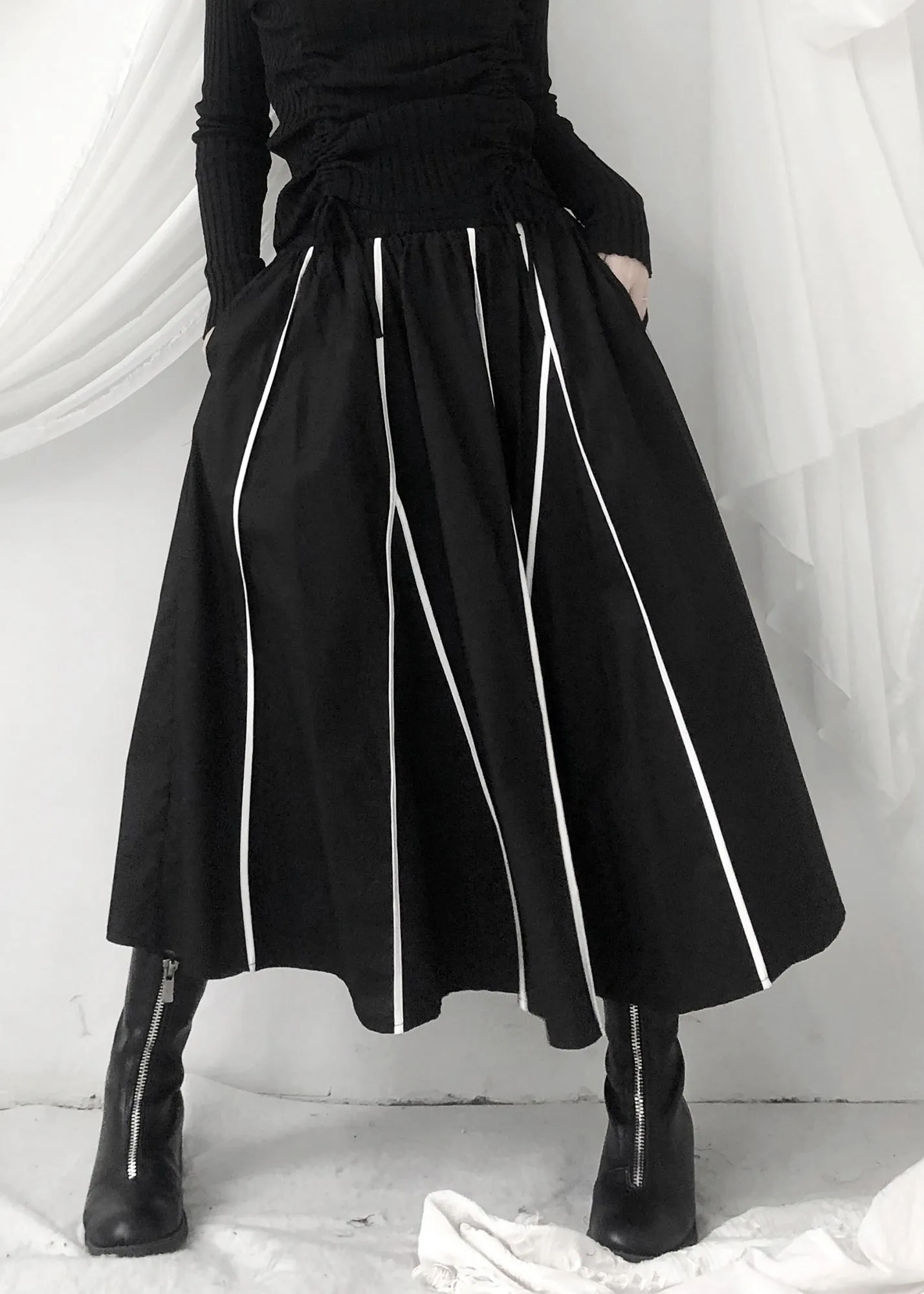 Fashion Black Striped Patchwork Pockets Elastic Waist Skirt Fall LY9364