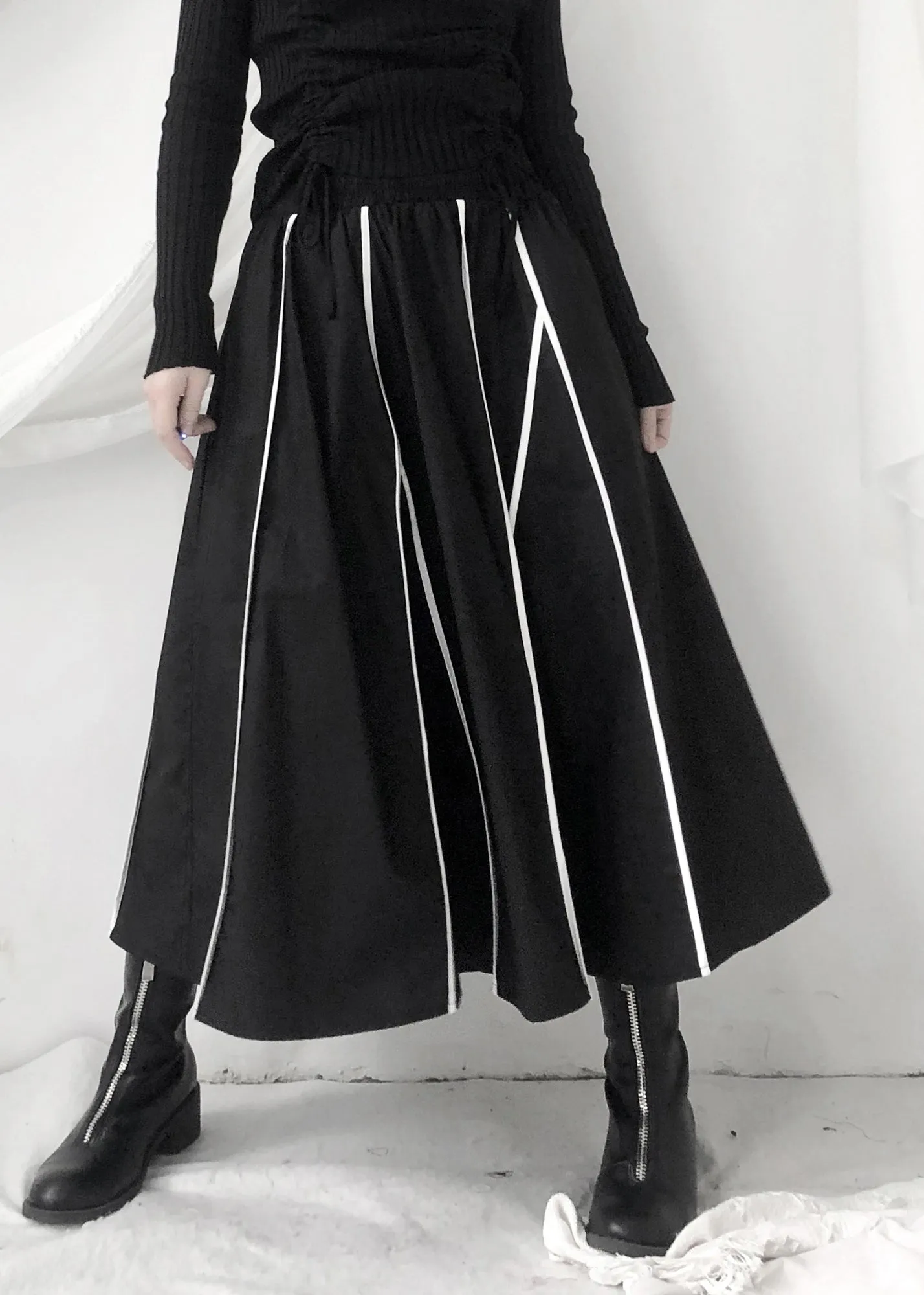 Fashion Black Striped Patchwork Pockets Elastic Waist Skirt Fall LY9364