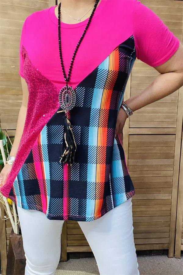 FW10361 Checked multi color printed solid fuchsia side sequin short sleeve women tops